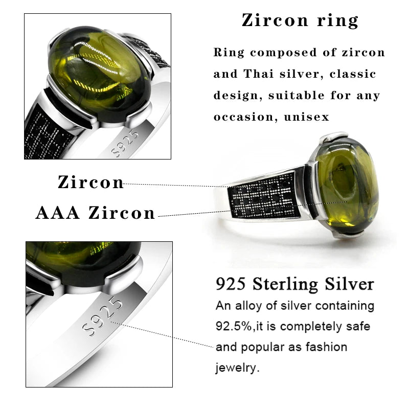 Genuine 925 Sterling Silver Oval Green Zircon Men's Ring With Black CZ Ring for Men and Women Exquisite Turkish Lucky Jewelry