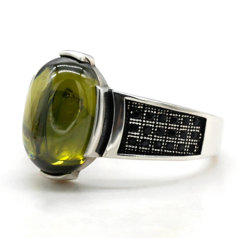 Genuine 925 Sterling Silver Oval Green Zircon Men's Ring With Black CZ Ring for Men and Women Exquisite Turkish Lucky Jewelry