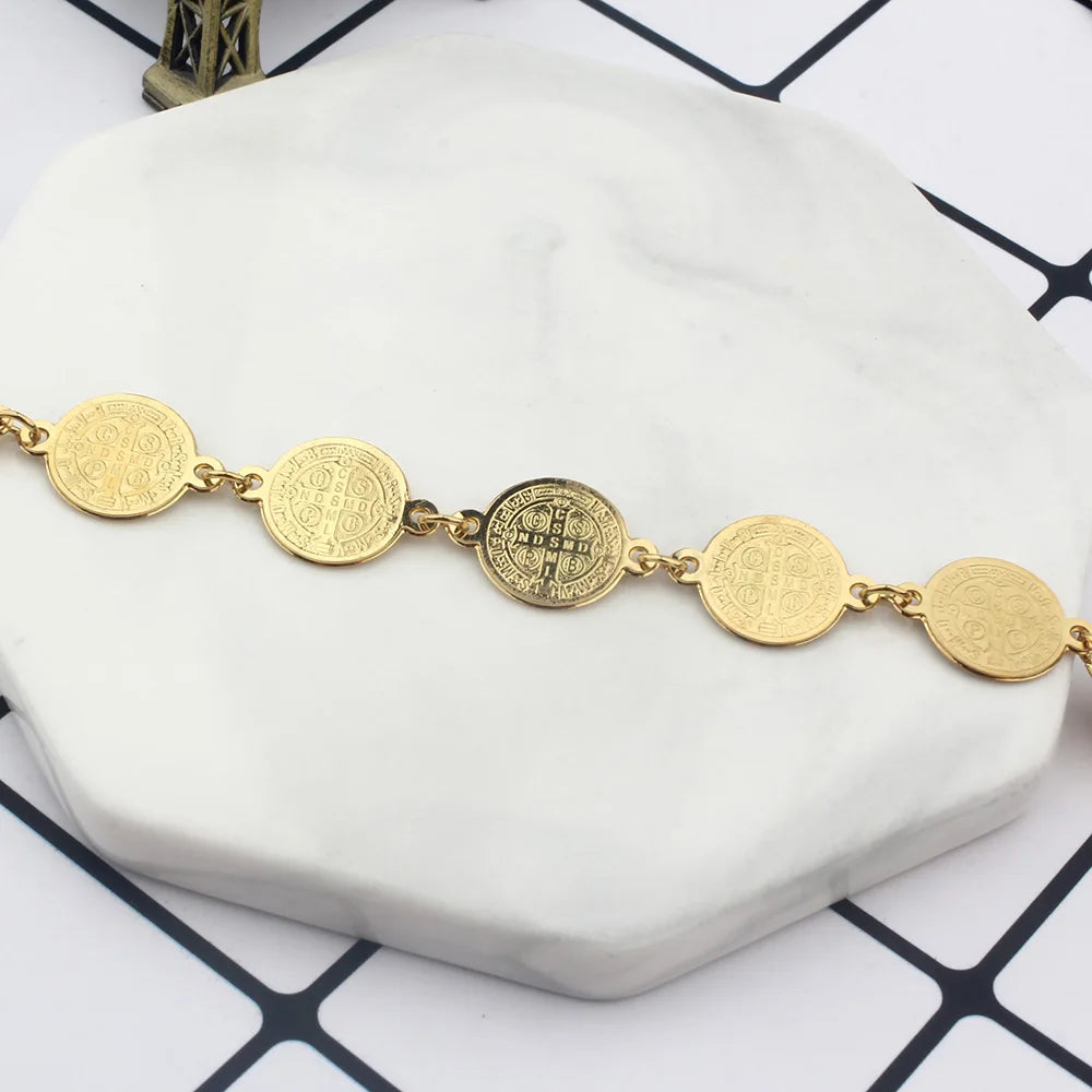 FINE4U B420 Saint Benedict Evil Protection Medal Charm Bracelet for Women Catholic San Benito Jewelry Accessory
