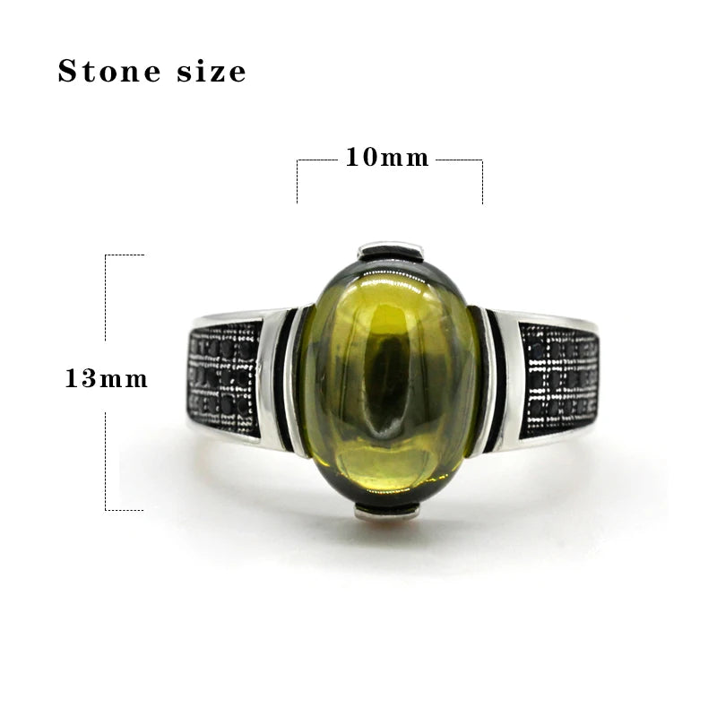 Genuine 925 Sterling Silver Oval Green Zircon Men's Ring With Black CZ Ring for Men and Women Exquisite Turkish Lucky Jewelry