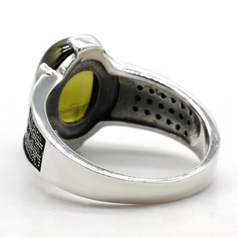 Genuine 925 Sterling Silver Oval Green Zircon Men's Ring With Black CZ Ring for Men and Women Exquisite Turkish Lucky Jewelry