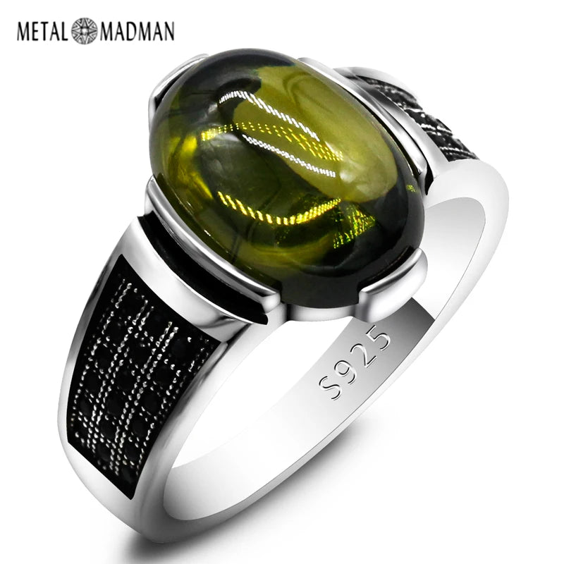 Genuine 925 Sterling Silver Oval Green Zircon Men's Ring With Black CZ Ring for Men and Women Exquisite Turkish Lucky Jewelry