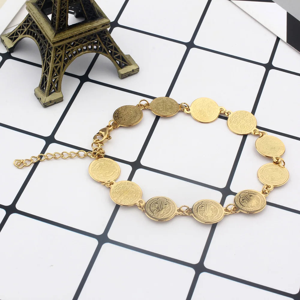 FINE4U B420 Saint Benedict Evil Protection Medal Charm Bracelet for Women Catholic San Benito Jewelry Accessory