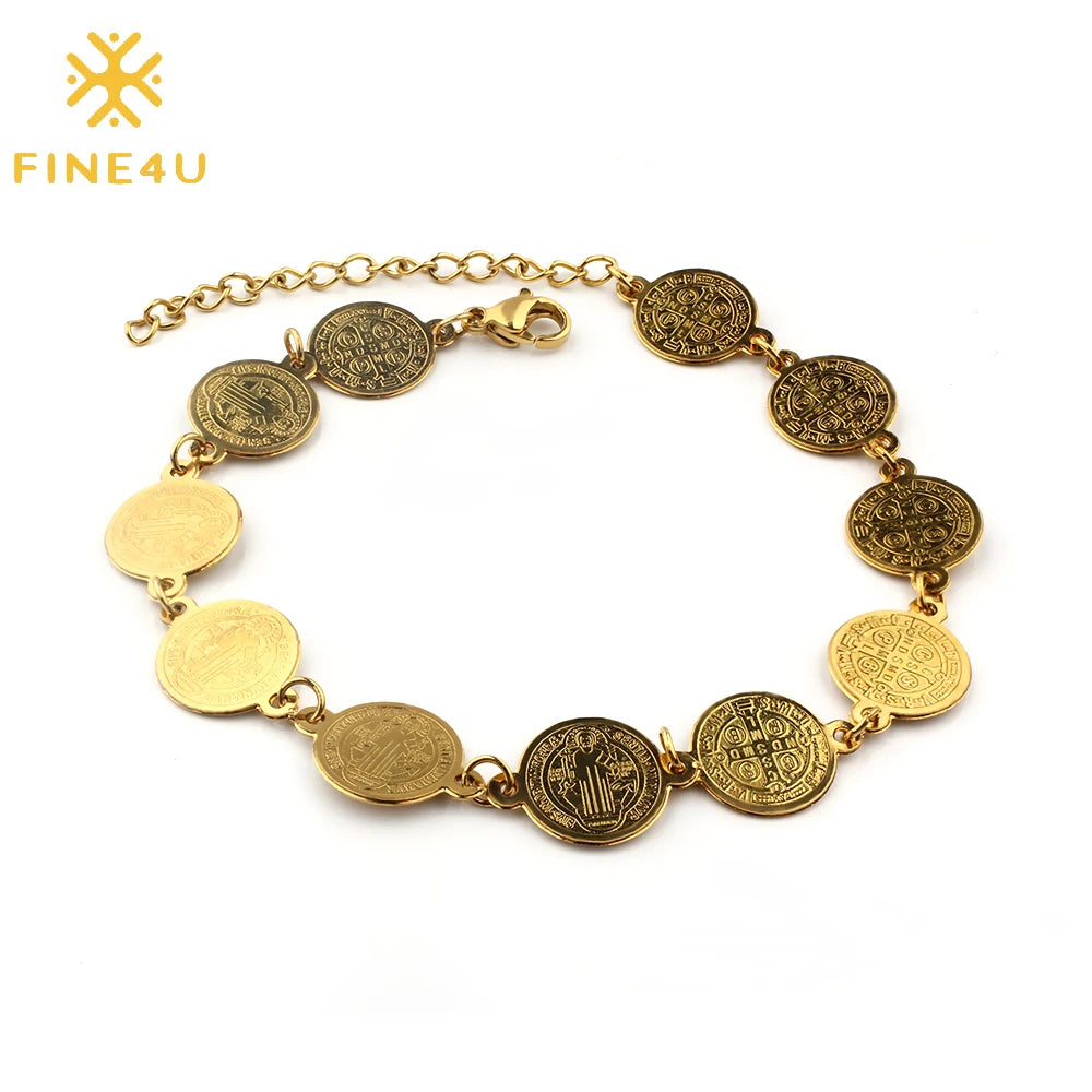FINE4U B420 Saint Benedict Evil Protection Medal Charm Bracelet for Women Catholic San Benito Jewelry Accessory