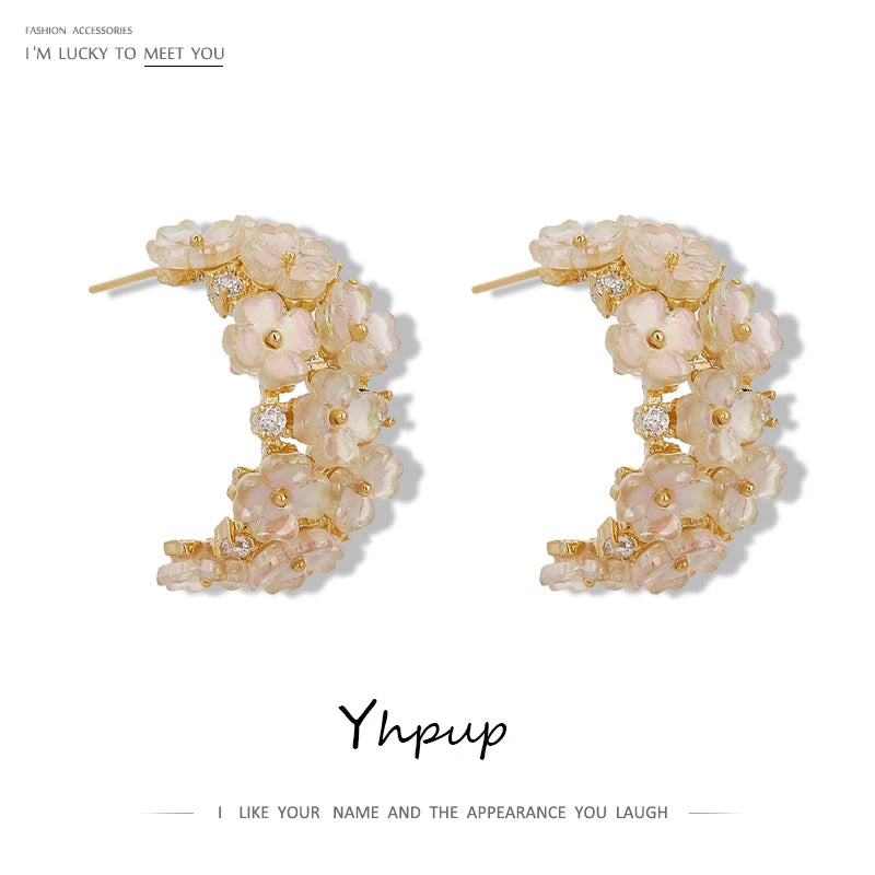 Yhpup Cute Natural Shell Flower Stud Earrings for Women Korean Geometric Small Earrings Copper Jewelry Boucle D'Oreille Femme