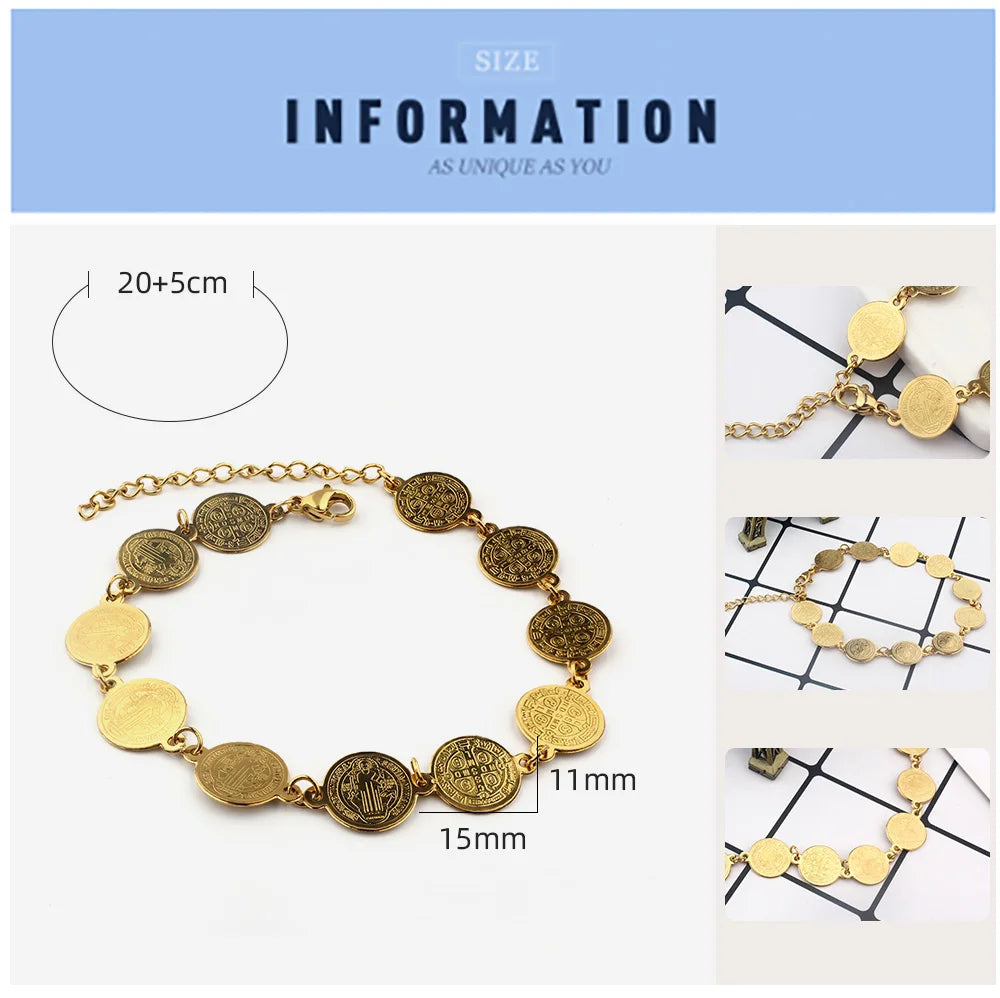 FINE4U B420 Saint Benedict Evil Protection Medal Charm Bracelet for Women Catholic San Benito Jewelry Accessory