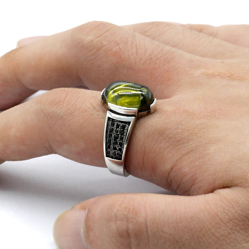 Genuine 925 Sterling Silver Oval Green Zircon Men's Ring With Black CZ Ring for Men and Women Exquisite Turkish Lucky Jewelry
