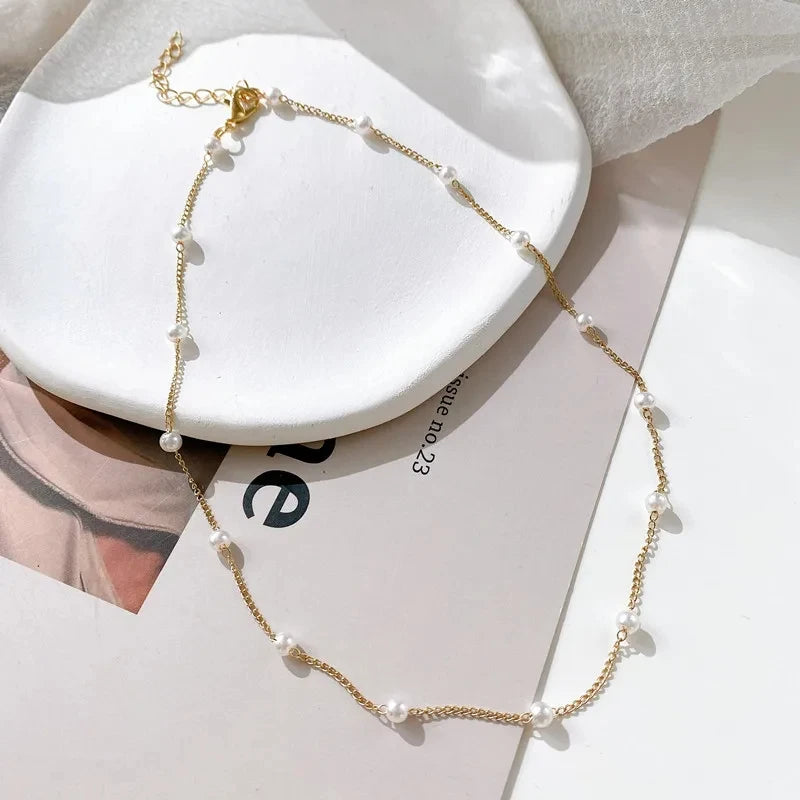 Beads Women's Neck Chain Kpop Pearl Lace Gold Color Goth Choker Jewelry On The Pendant 2024 Collar For Girl