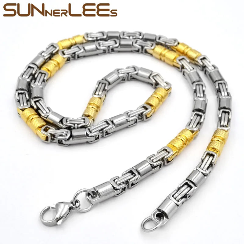 SUNNERLEES SC42 N 316L Stainless Steel Necklace 6mm Geometric Byzantine Link Chain Silver Color Gold Plated Men Women Jewelry