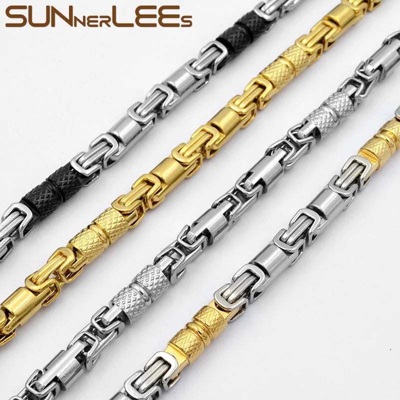 SUNNERLEES SC42 N 316L Stainless Steel Necklace 6mm Geometric Byzantine Link Chain Silver Color Gold Plated Men Women Jewelry