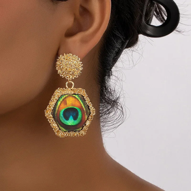Vintage Peacock Feather Earrings For Women Geometric Acrylic Holiday Party Gift Fashion Jewelry Ear Accessories CE211