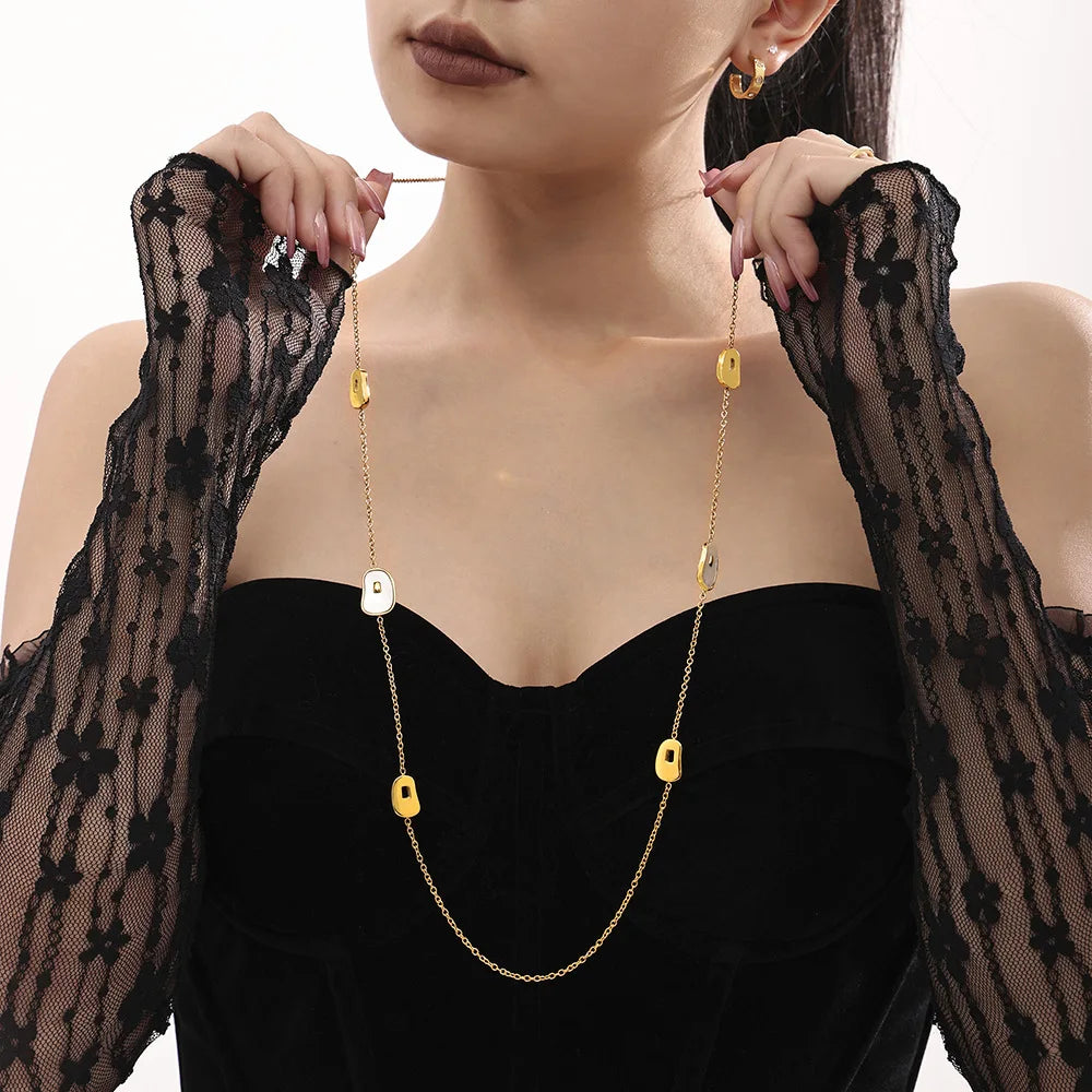 Elegant Long Necklace for Women White Shell Pendant Stainless Steel Waterproof Chain Charm Sweater Jewelry Wholesale