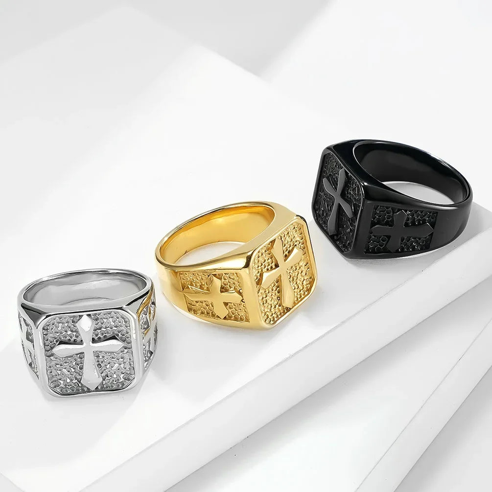 Fashion Cross Signet Ring Rock Punk Stainless Steel Male Party Wedding Rings Chunky Finger Jewelry