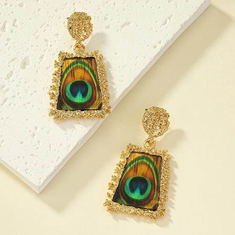 Vintage Peacock Feather Earrings For Women Geometric Acrylic Holiday Party Gift Fashion Jewelry Ear Accessories CE211