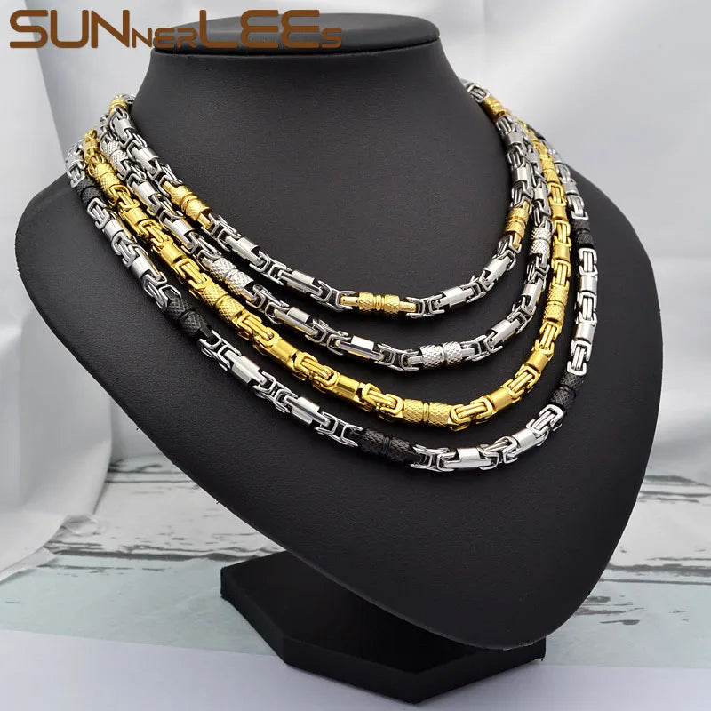 SUNNERLEES SC42 N 316L Stainless Steel Necklace 6mm Geometric Byzantine Link Chain Silver Color Gold Plated Men Women Jewelry