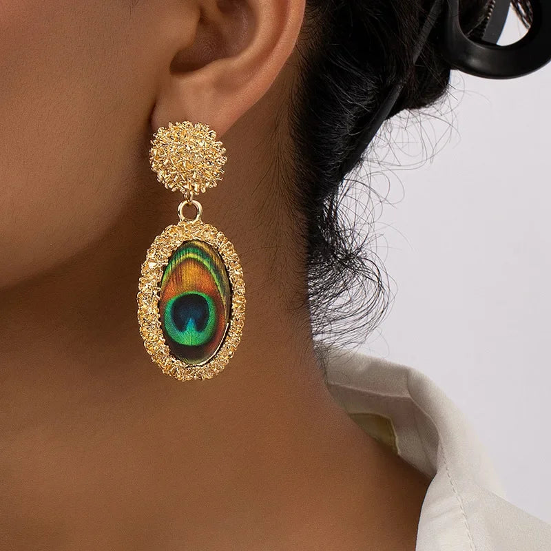 Vintage Peacock Feather Earrings For Women Geometric Acrylic Holiday Party Gift Fashion Jewelry Ear Accessories CE211