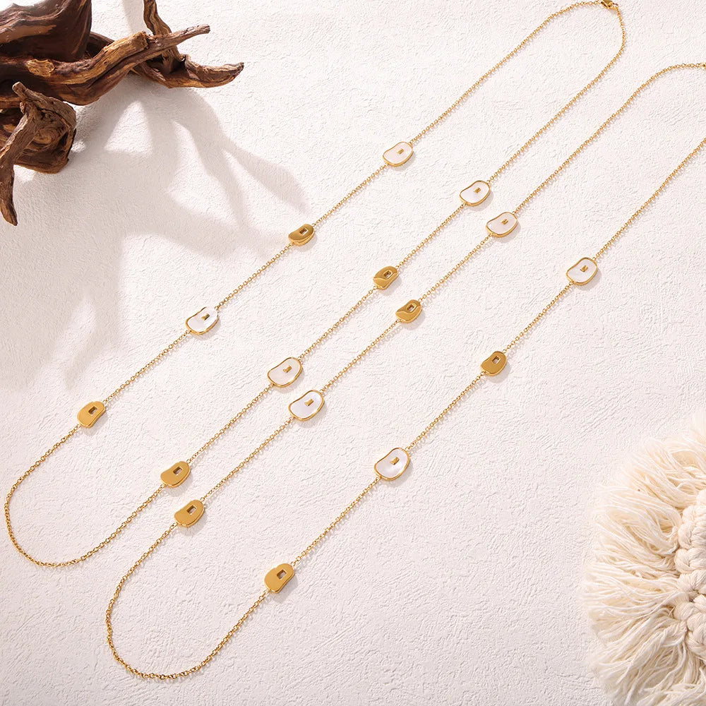 Elegant Long Necklace for Women White Shell Pendant Stainless Steel Waterproof Chain Charm Sweater Jewelry Wholesale