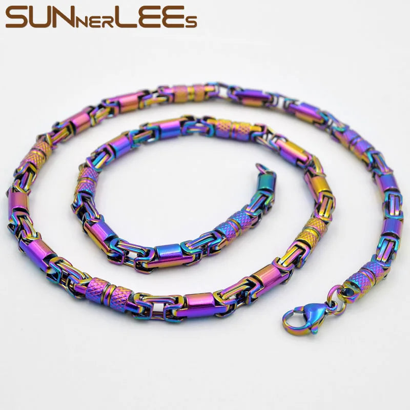 SUNNERLEES SC42 N 316L Stainless Steel Necklace 6mm Geometric Byzantine Link Chain Silver Color Gold Plated Men Women Jewelry