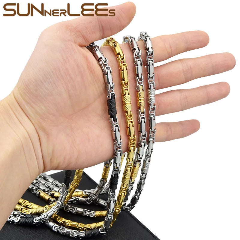 SUNNERLEES SC42 N 316L Stainless Steel Necklace 6mm Geometric Byzantine Link Chain Silver Color Gold Plated Men Women Jewelry