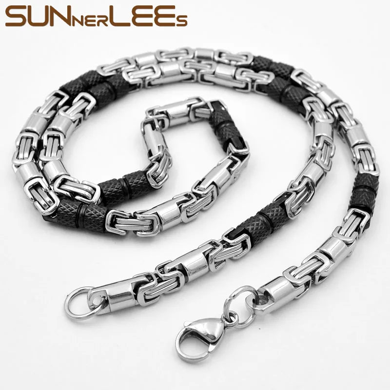 SUNNERLEES SC42 N 316L Stainless Steel Necklace 6mm Geometric Byzantine Link Chain Silver Color Gold Plated Men Women Jewelry