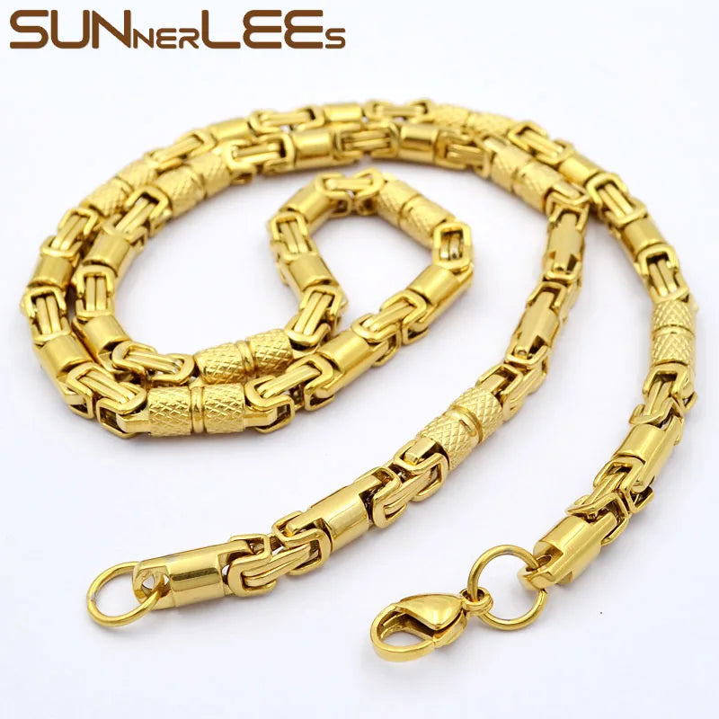 SUNNERLEES SC42 N 316L Stainless Steel Necklace 6mm Geometric Byzantine Link Chain Silver Color Gold Plated Men Women Jewelry