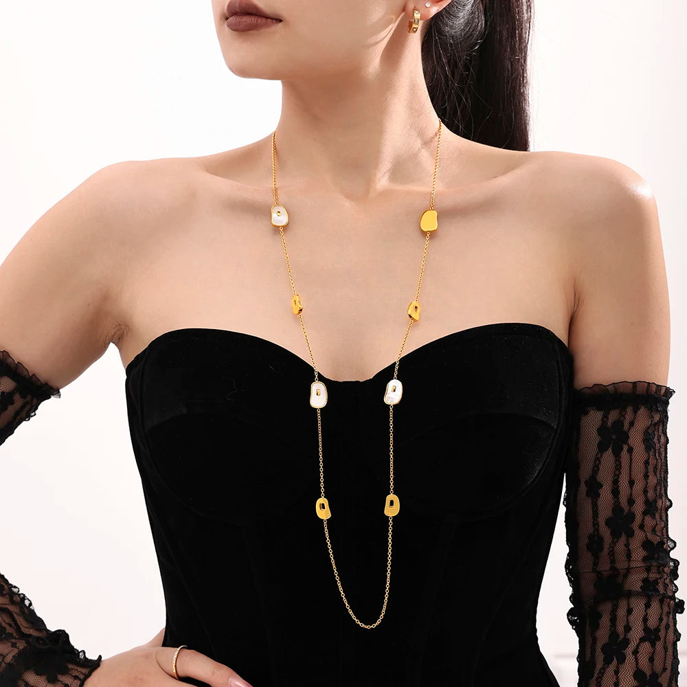 Elegant Long Necklace for Women White Shell Pendant Stainless Steel Waterproof Chain Charm Sweater Jewelry Wholesale
