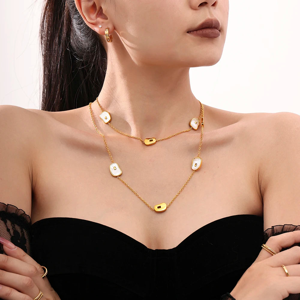 Elegant Long Necklace for Women White Shell Pendant Stainless Steel Waterproof Chain Charm Sweater Jewelry Wholesale