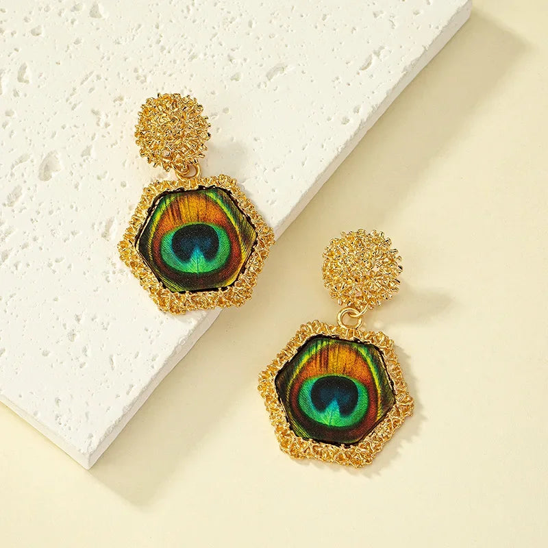Vintage Peacock Feather Earrings For Women Geometric Acrylic Holiday Party Gift Fashion Jewelry Ear Accessories CE211