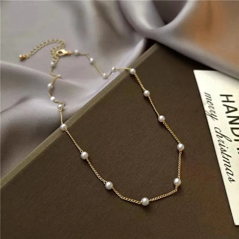 Beads Women's Neck Chain Kpop Pearl Lace Gold Color Goth Choker Jewelry On The Pendant 2024 Collar For Girl