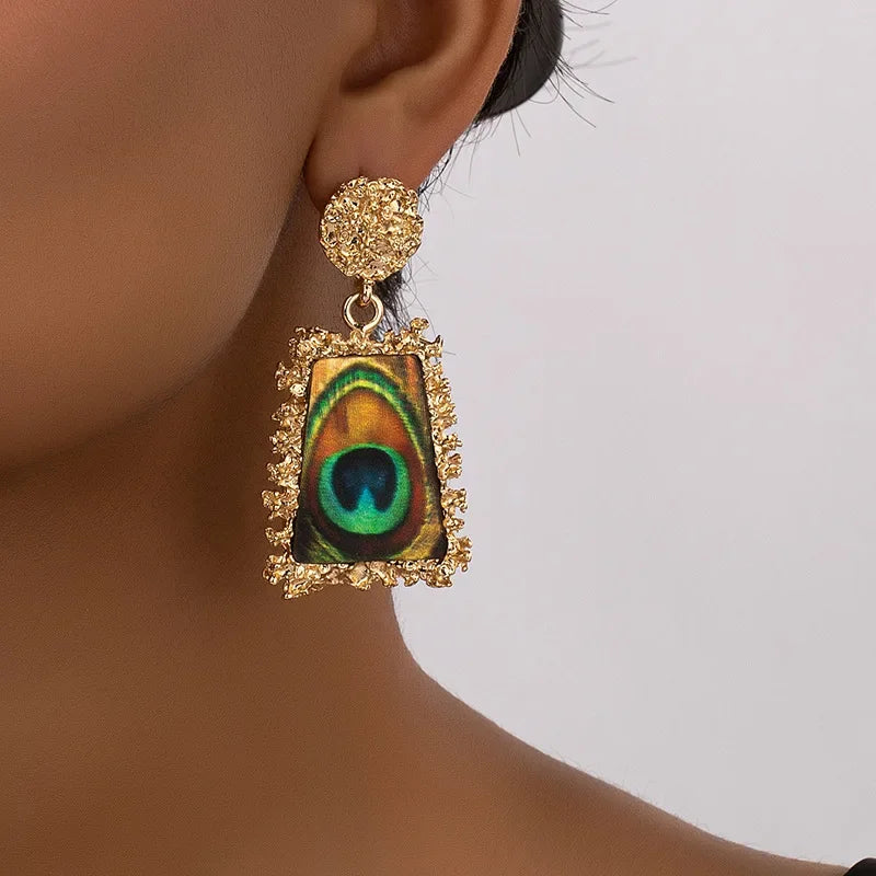 Vintage Peacock Feather Earrings For Women Geometric Acrylic Holiday Party Gift Fashion Jewelry Ear Accessories CE211